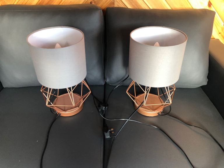 Copper coloured 240v touch lamps with grey shades