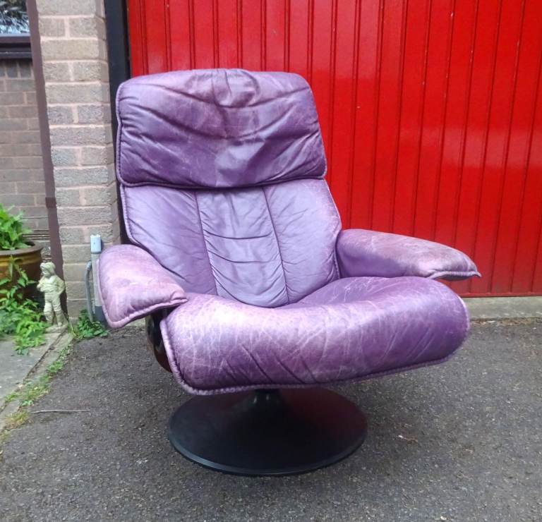 Vintage Norwegian EKORNES STRESSLESS Plum Leather Reclining Swivel Armchair