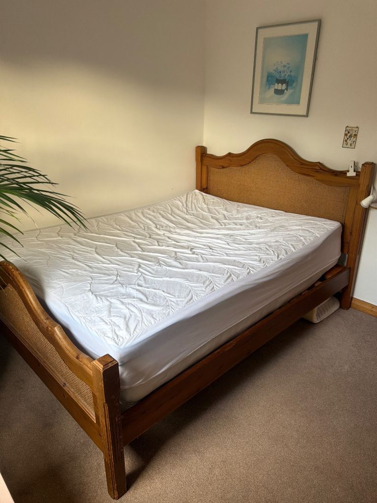 1970s Rattan and Pine King Size Bed Frame with Slats