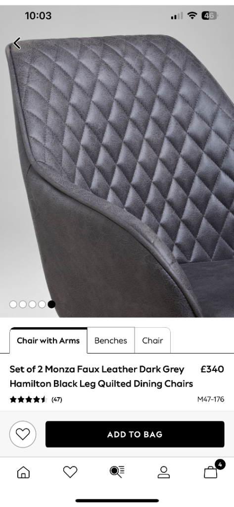 4 Faux Leather Dark Grey Quilted Dining Chairs