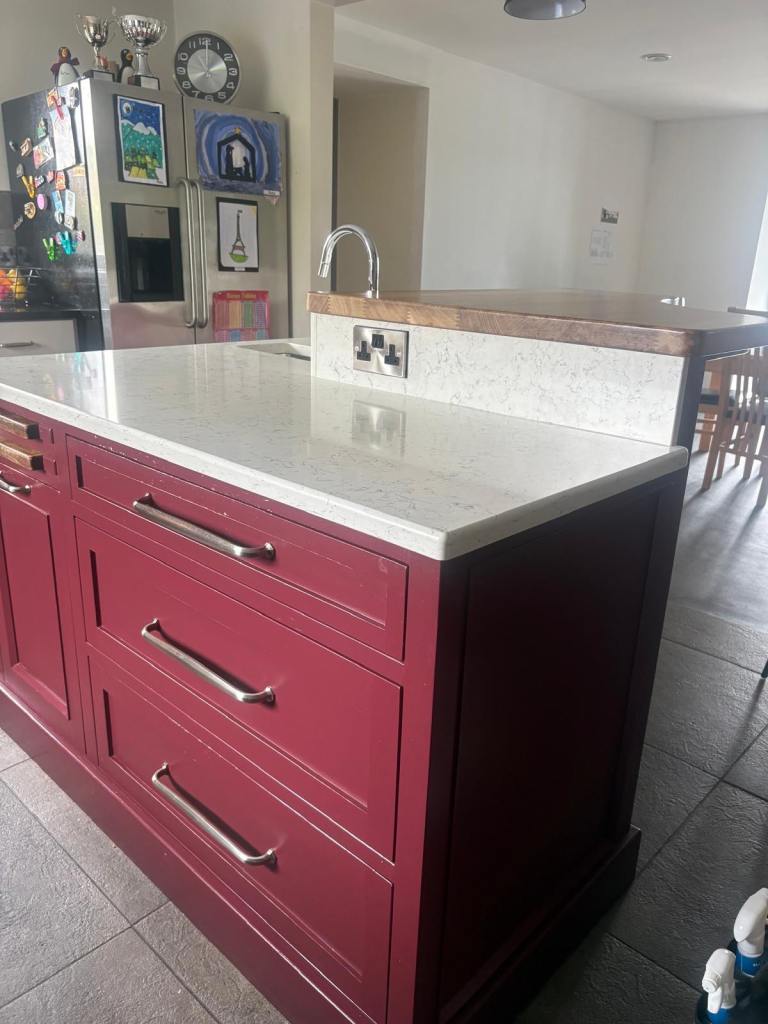 Kitchen island and larder. American Fridge Freezer, Wine Fridge 