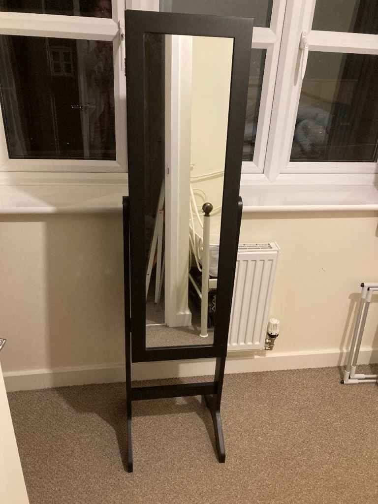 Black Full-Length Wooden Mirror with Built-in Jewellery Storage, Fair Condition