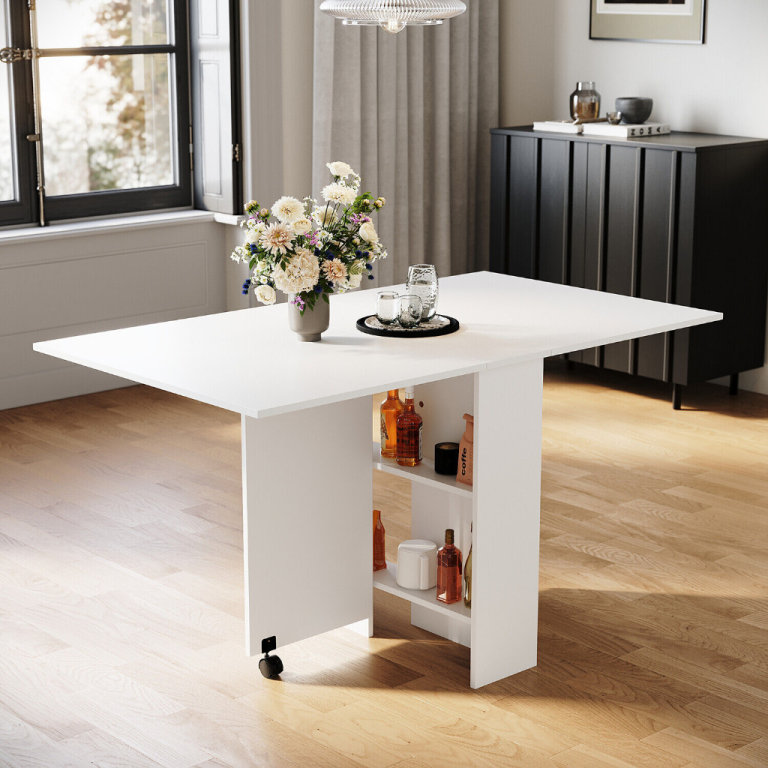 New White Foldable Dinner Table with Wheels and Storage Shelf RRP £170 Our Price £102