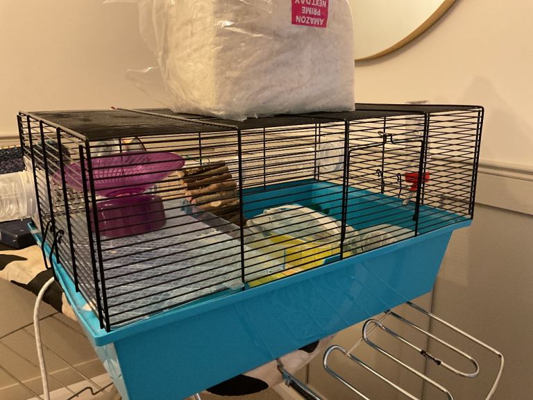 Good condition hamster/mice cage with bowl, house, carrying cage, paper bedding
