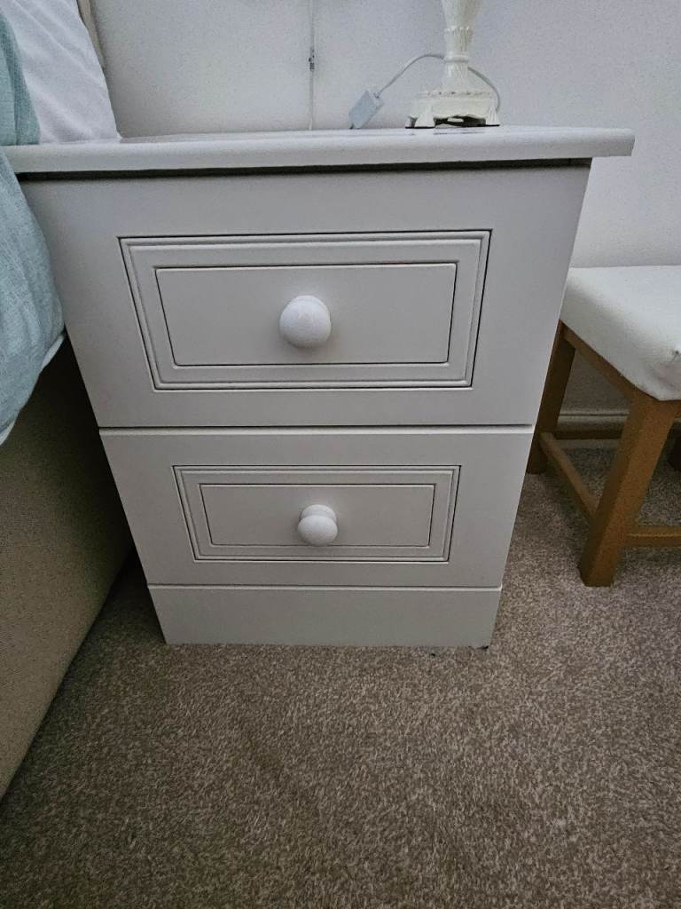 Two White Bedside Tables with Two Drawers – Good Condition