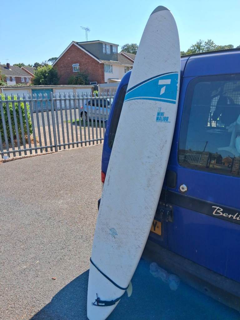 Tiki Malibu Surfboard – White with Blue Stripe, Fair Condition