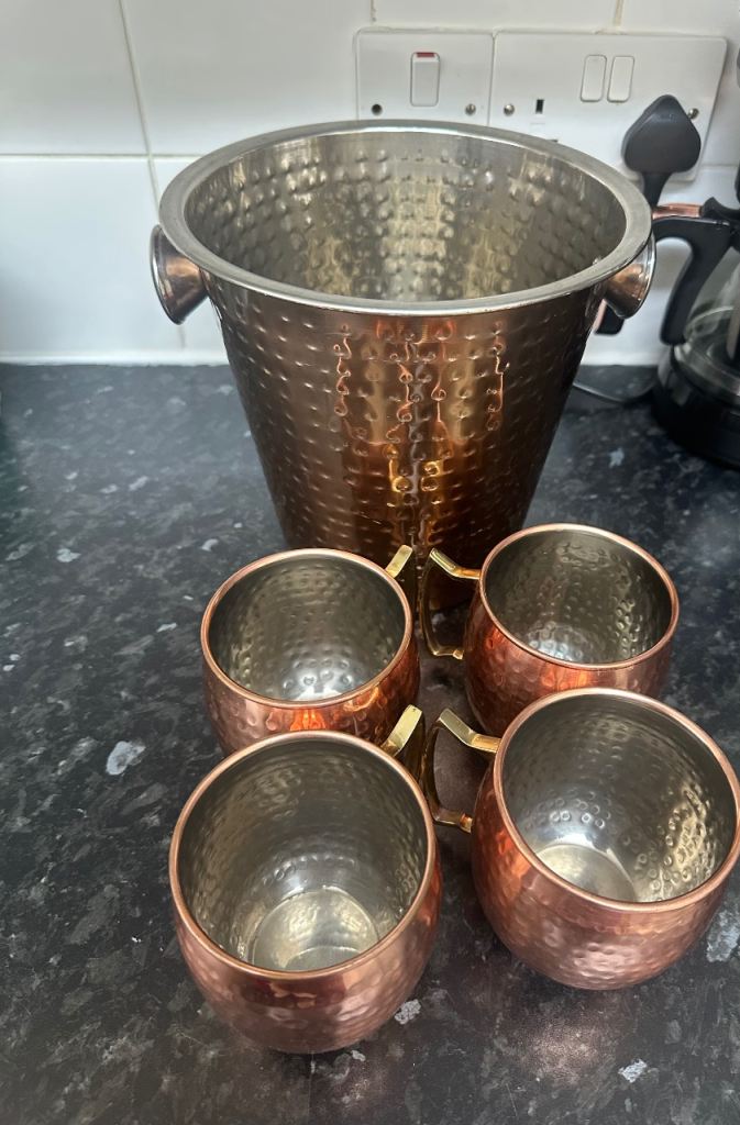 Hammered Copper Drinks Set – Bucket & 4 Matching Mugs