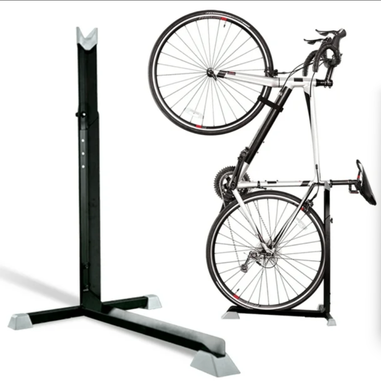 New vertical bicycle floor stand for garage storage and indoor and outdoor use