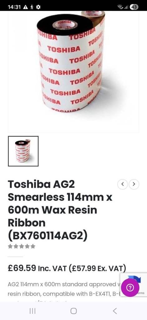 BOX OF 5 TOSHINA AG2 SMEARLESS RESIN RIBBONS