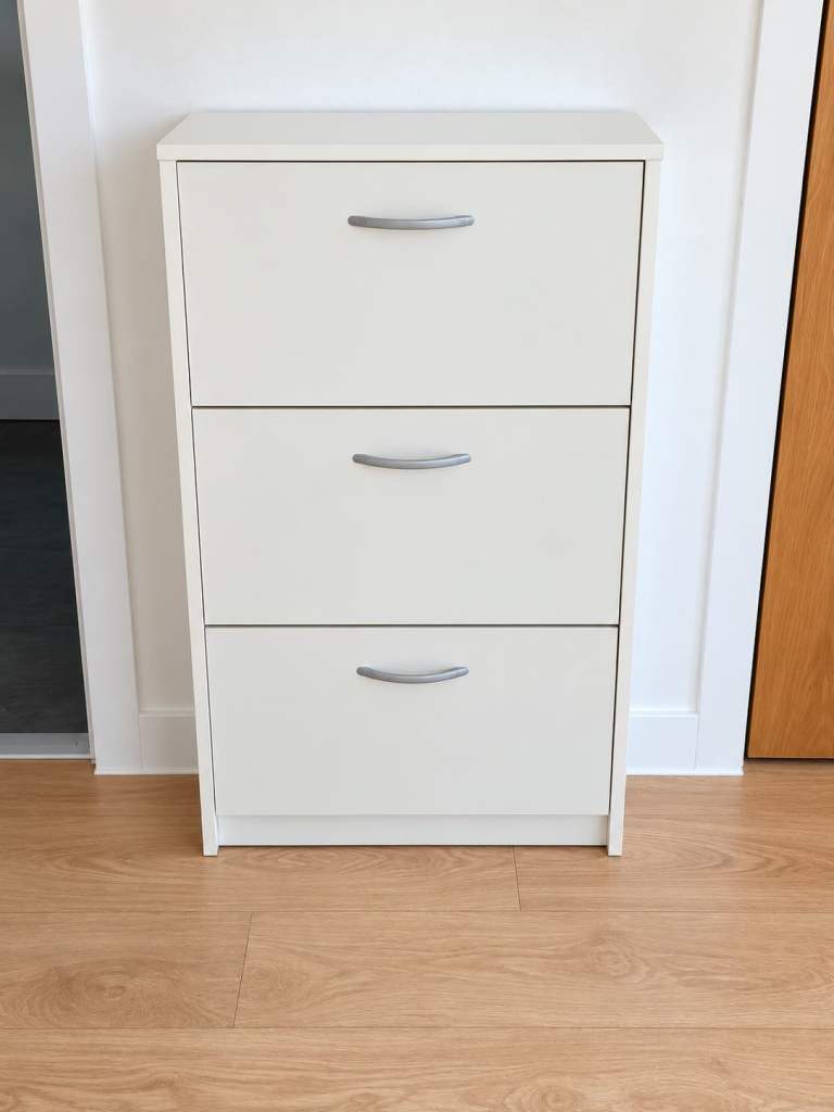 White Wooden Shoe Cabinet with 3 Drawers – Good Condition