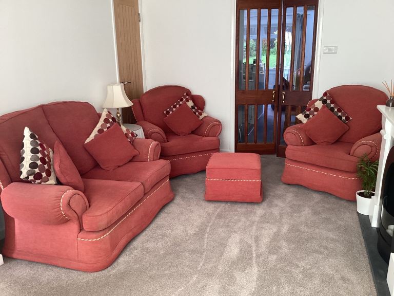 Two seater sofa, with two matching armchairs and storage footstool 