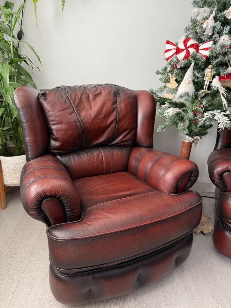 Pair Saxon Kendal Chesterfield Style Leather Vintage Armchairs