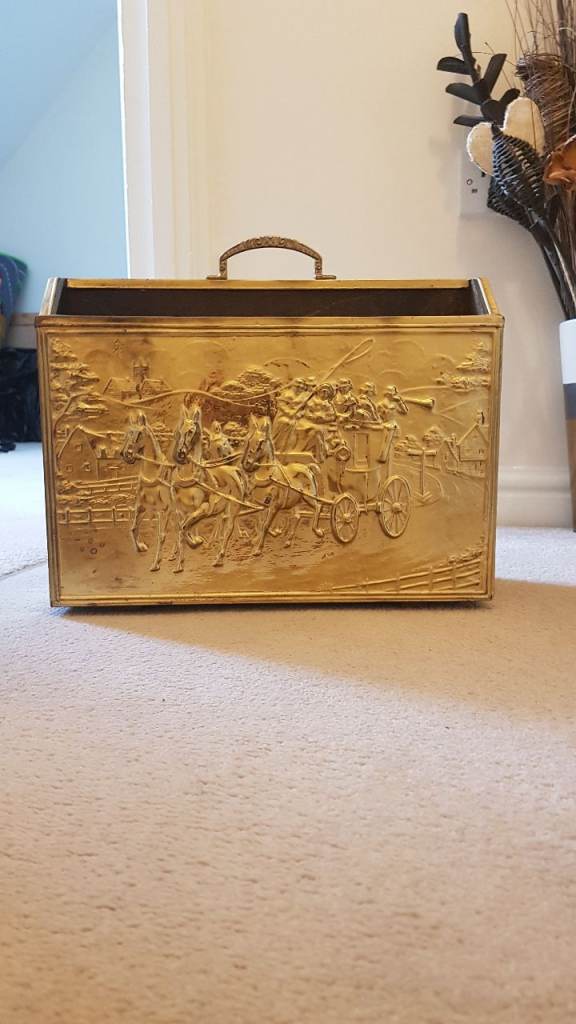 Vintage embossed brass clad wooden magazine rack