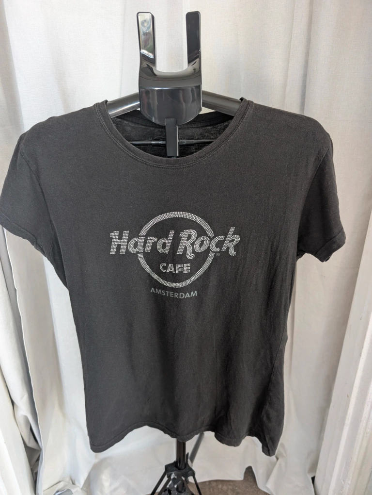 Hard Rock Cafe T-Shirt Black Large L Amsterdam Rhinestone Logo Graphic Top