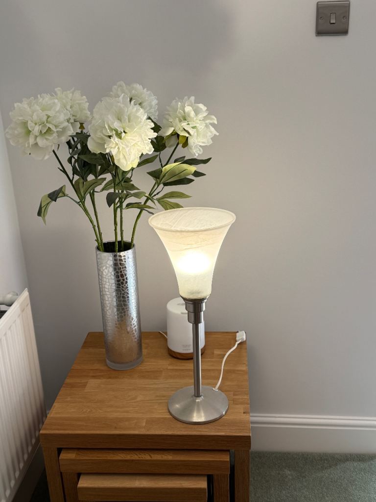 Silver Base Table Lamp with White Shade – Good Condition