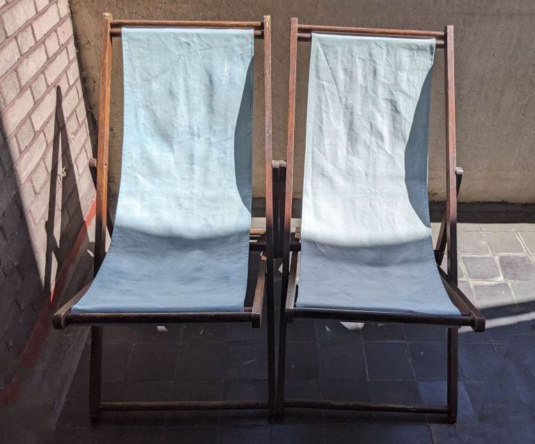 2x Vintage Retro Hand Wood Folding Canvas Sun Lounger Garden Deck Chairs