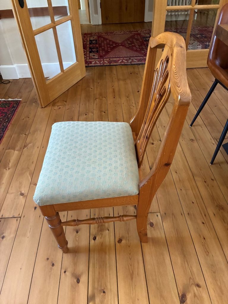 Pine Ducal Dining Chairs x 6 with Light Green Upholstery