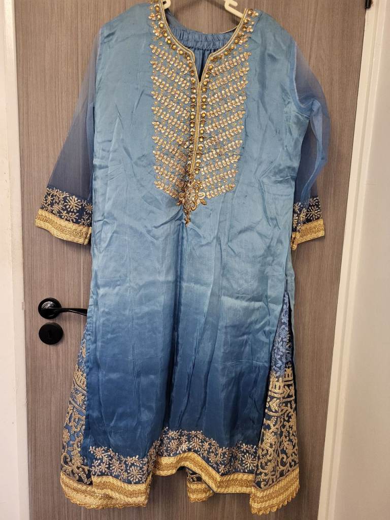 Beautiful party wear golden embroidered ghraara suit, size L, 