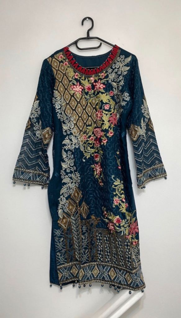 Pakistani 3 piece suit chiffon- Beautiful Embroidered Blue Traditional Women's Outfit - As New
