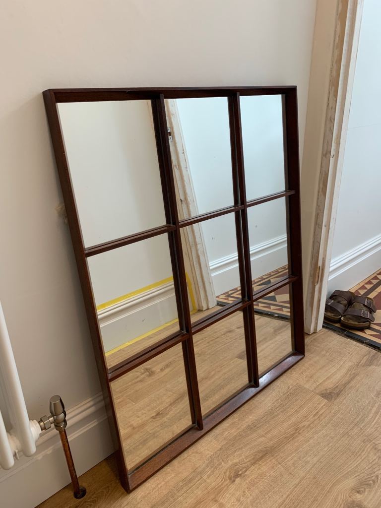 Mid Century large Teak Framed Industrial Style Window/grid Mirror, By Rowley Mirrors