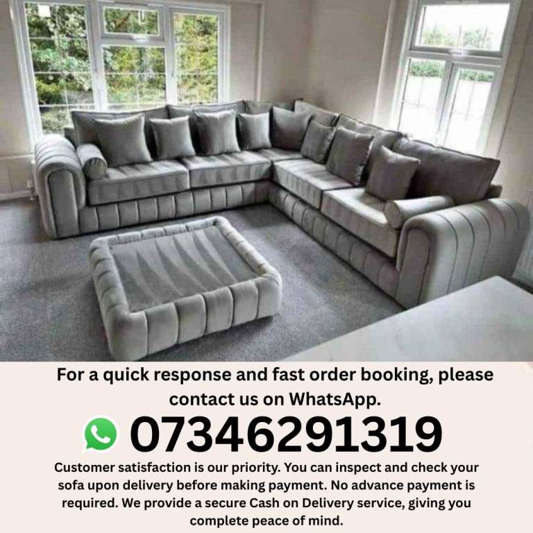 New Corner Sofa Set with Ottoman – Grey Fabric