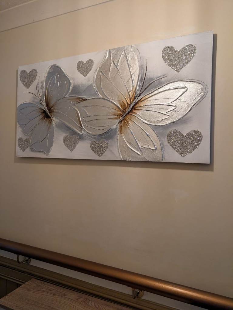 Grey and White Butterfly Wall Art with Glitter Hearts