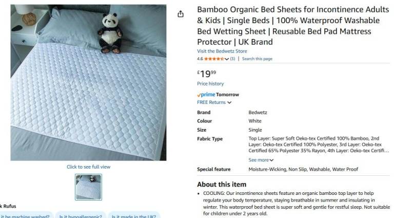 Bedwetz Bamboo Waterproof Bed Pad – £10 (New, Single Size)