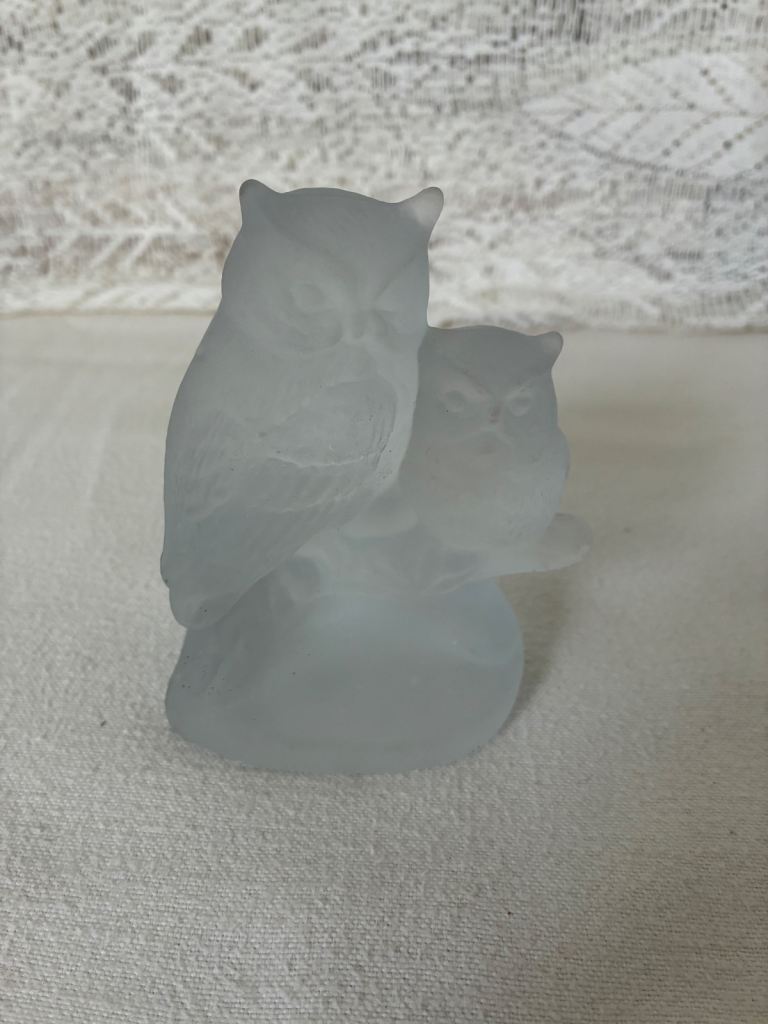 Frosted Glass Owl and Owlet On A Branch Vintage Collectable