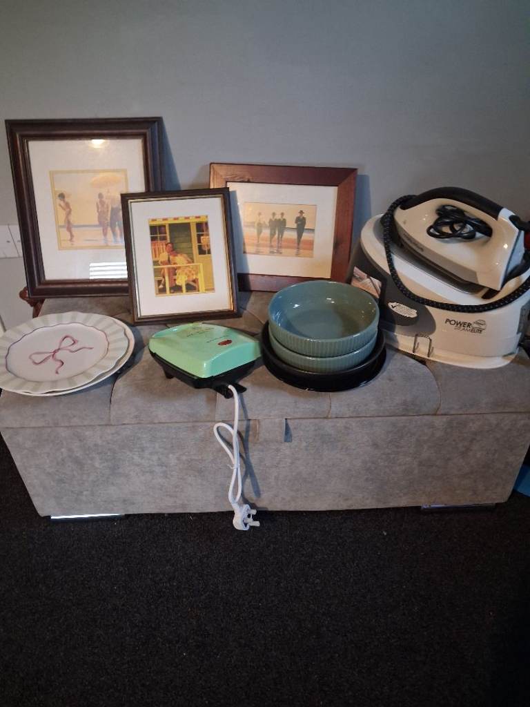 Mixed Household Items - Pictures, Bowls, Waffle Maker, Iron