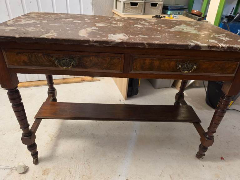 Antique Wooden Console Table with Marble Top