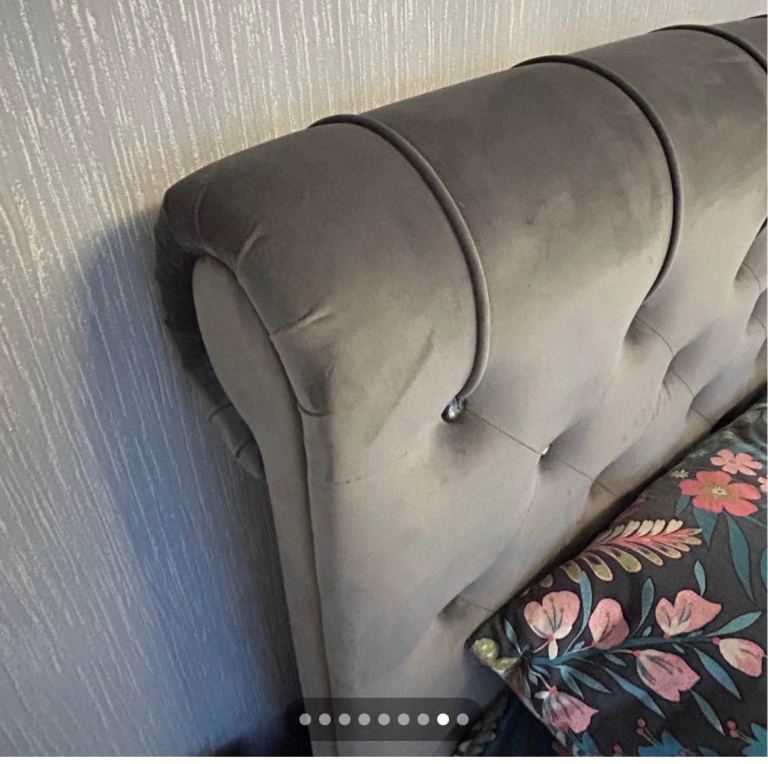Reduced Beautiful Sleigh king Size Bed 2 bedside cupboards and a Ottoman 