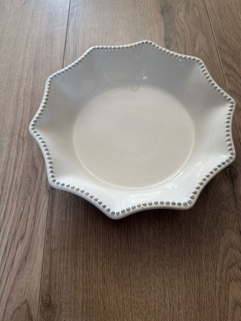 White Ceramic Scalloped Serving Bowl with Beaded Edge