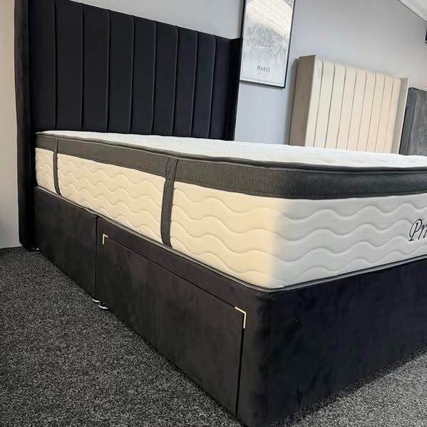 Double Bed with Headboard and Mattress – Black Fabric, As Good As New