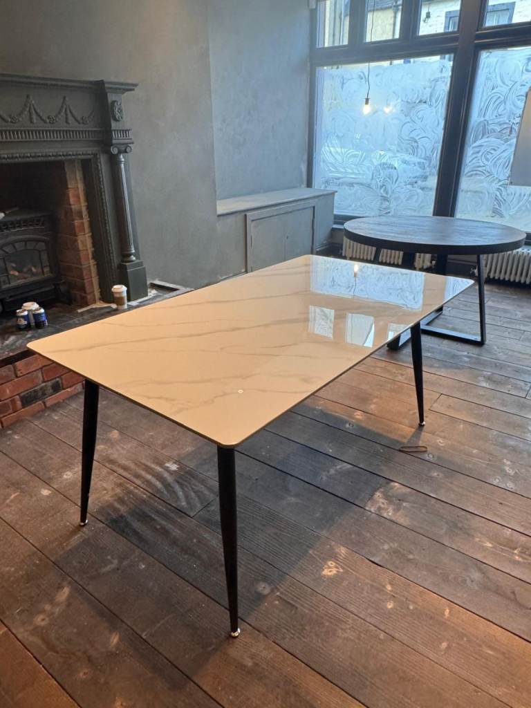 Table, metal base, marble effect top