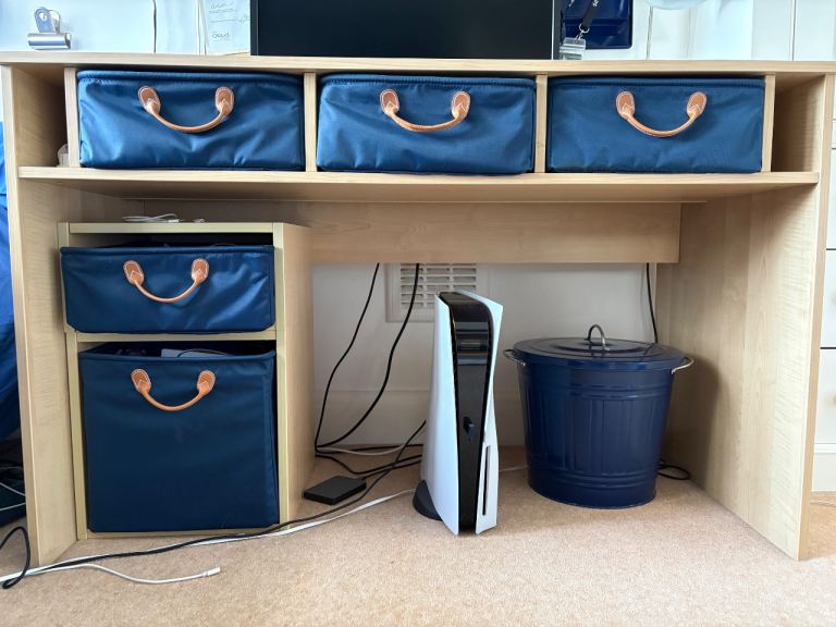 Birch wood colour Lazzari desk and storage unit with navy storage cubes/drawers