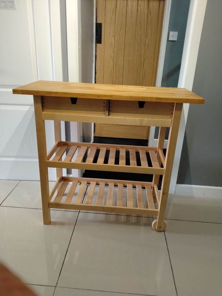 IKEA Wooden Kitchen Trolley Cart with Drawers and Shelves - Light Wood