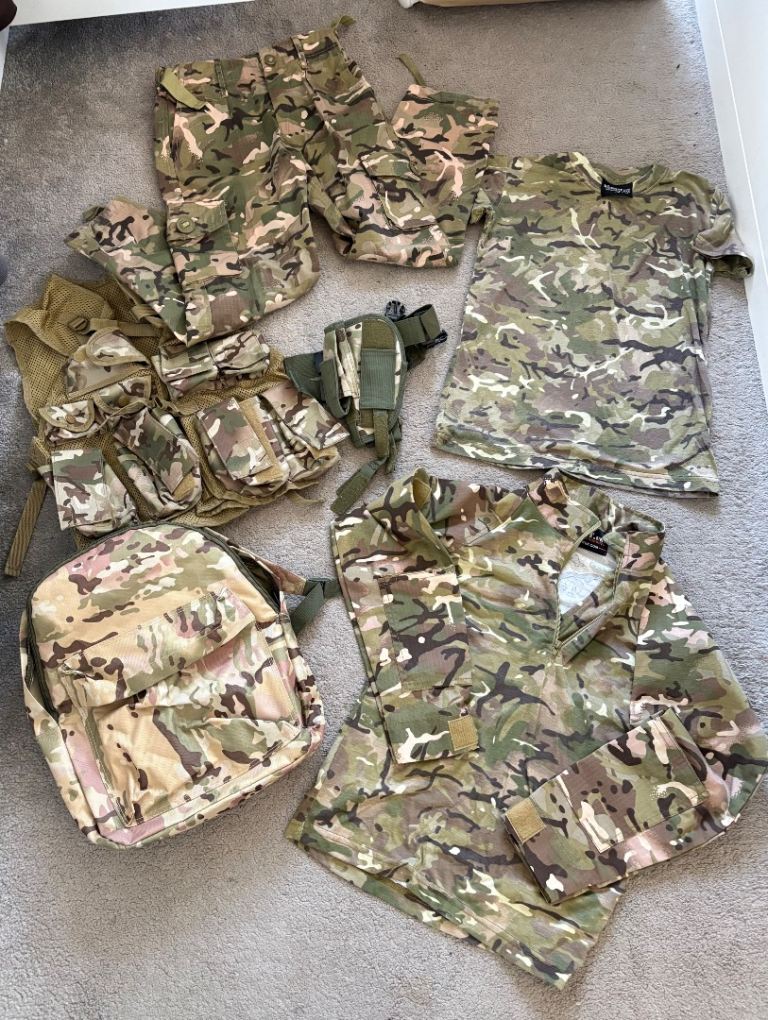 Bundle of Kids Army Clothing including Backpack and Helmet Age 7-8