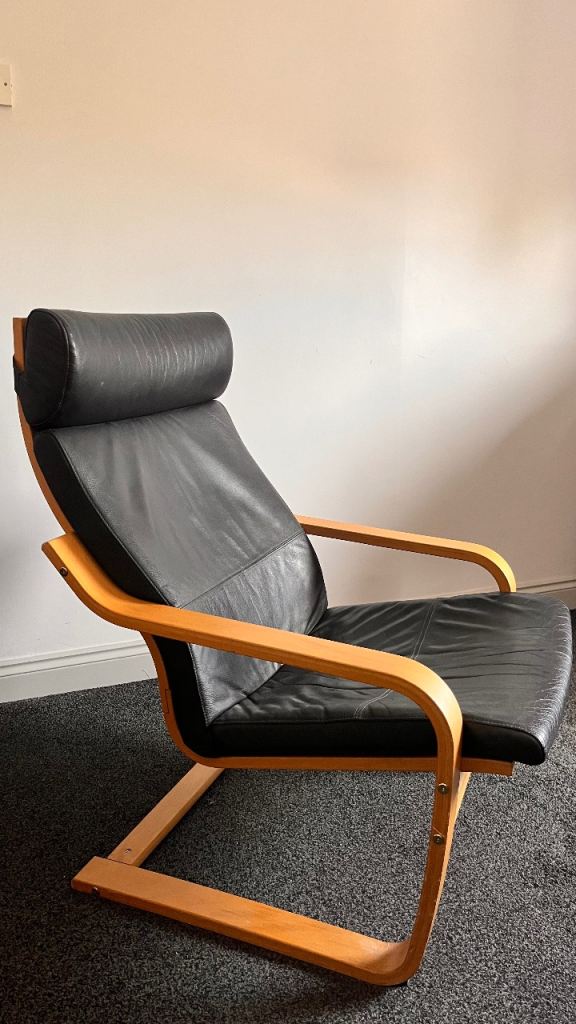 IKEA Brown Leather Poang armchair Beech Bentwood Frame 