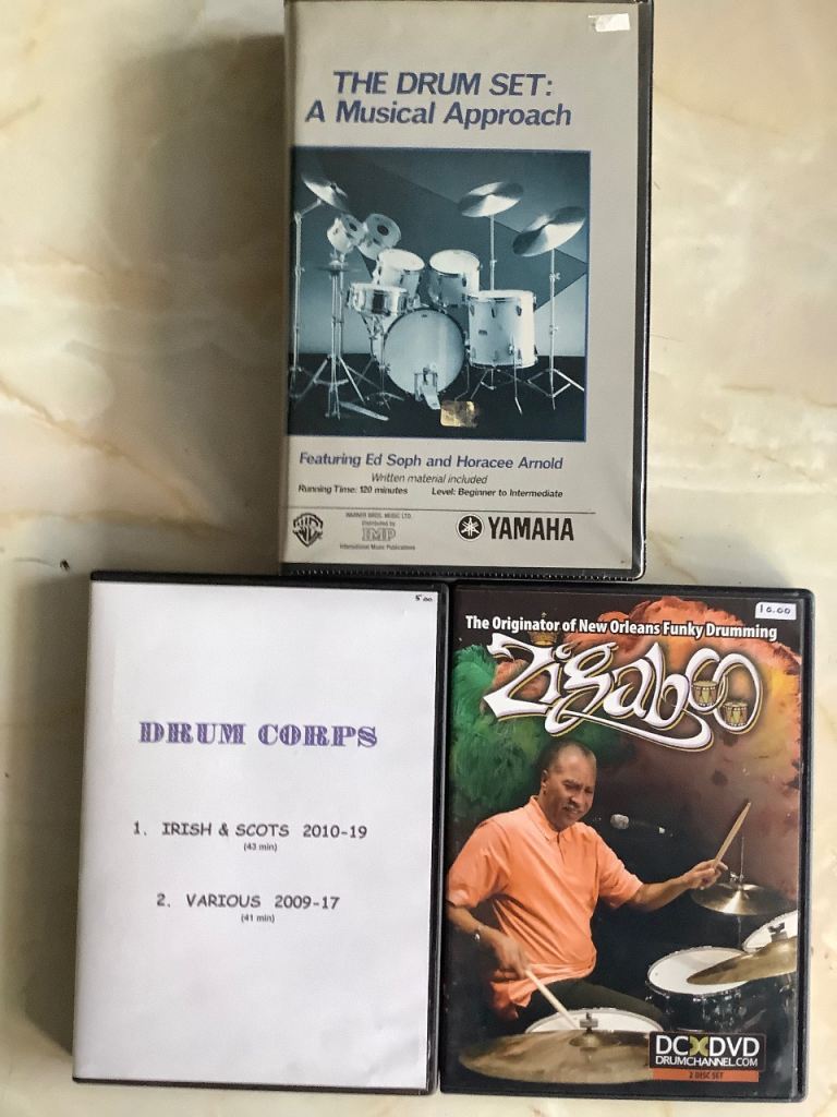    Drum Tuition VHS £3;             Drum Corp DVD. £4;        Zigaboo  Modeliste 2x DVD £10; 