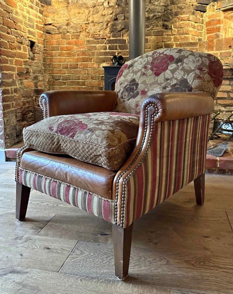 Tetrad Unique Tan Leather & Fabric Armchair / Chair With Matching Footstool