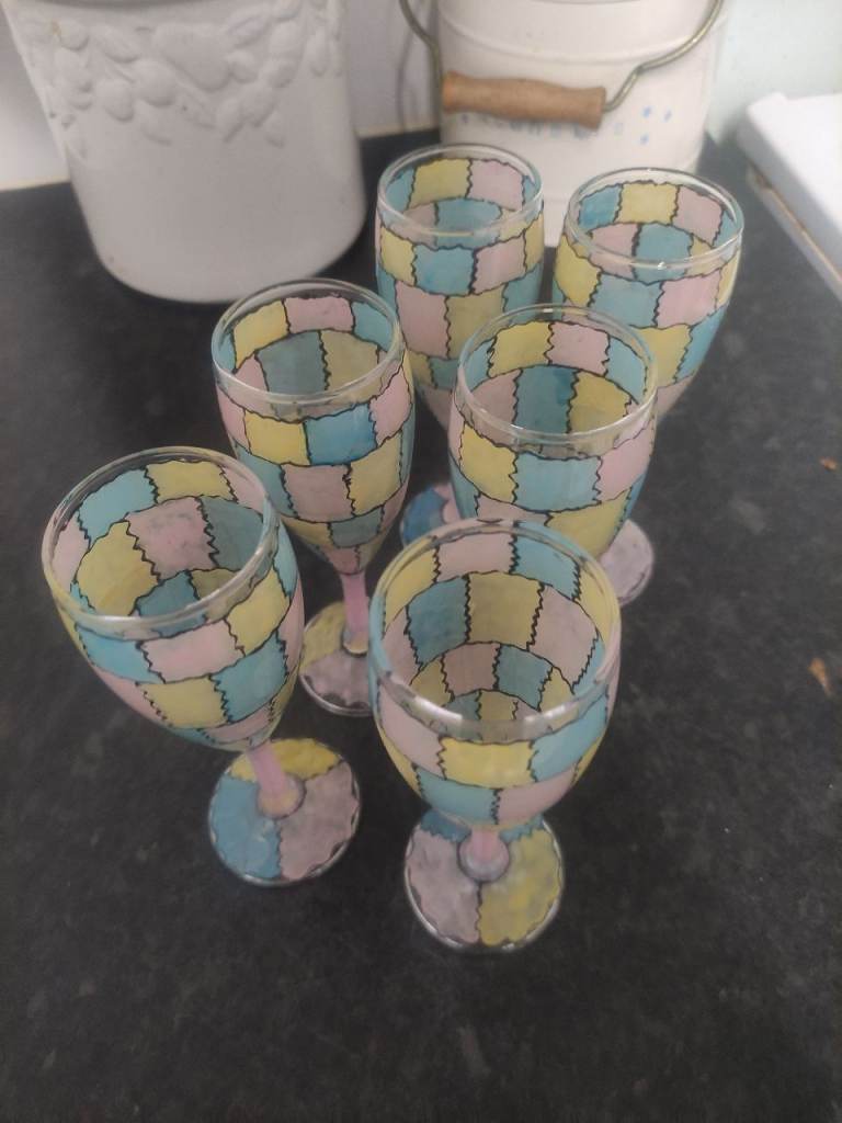 Set of 6 Colourful Glass Goblets - Good Condition