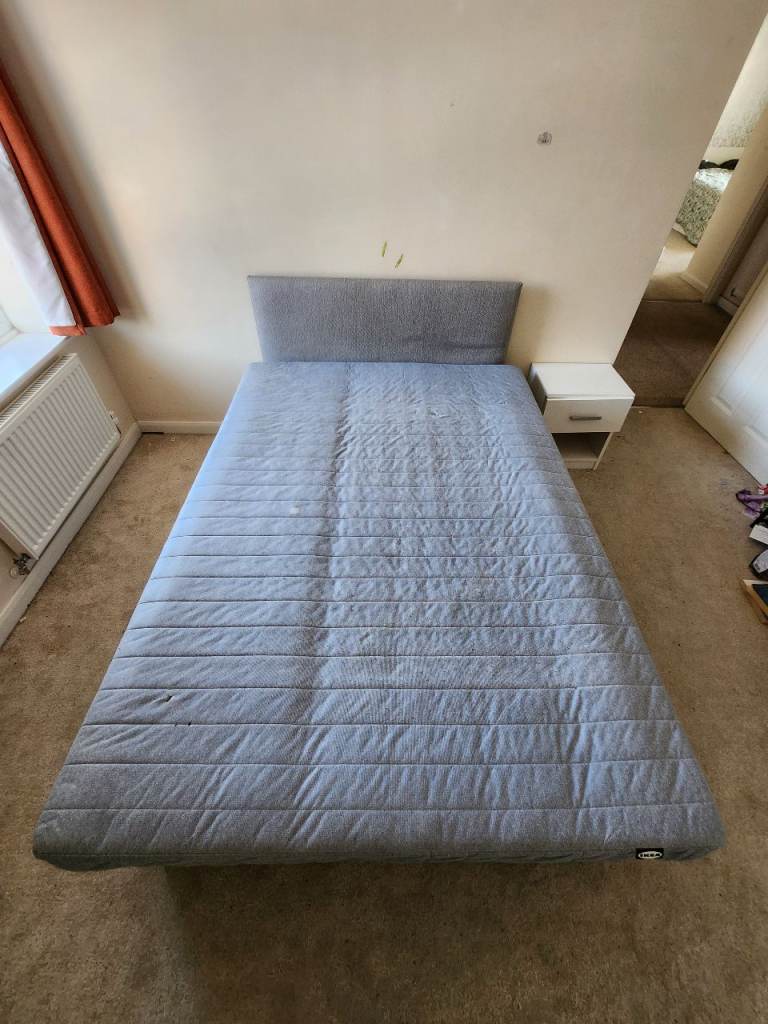 JYSK Small Double Bed Base Grey Tweed Headboard with Mattress Upholstered Bed 4ft