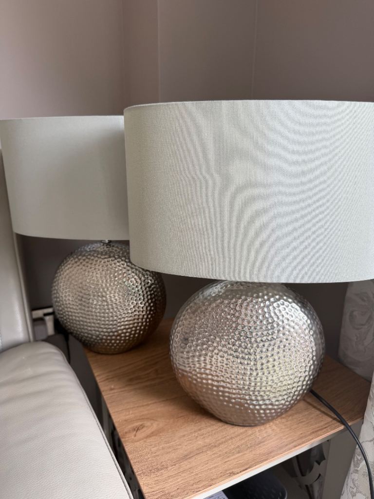 Pair of Silver Hammered Effect Table Lamps with White Shades