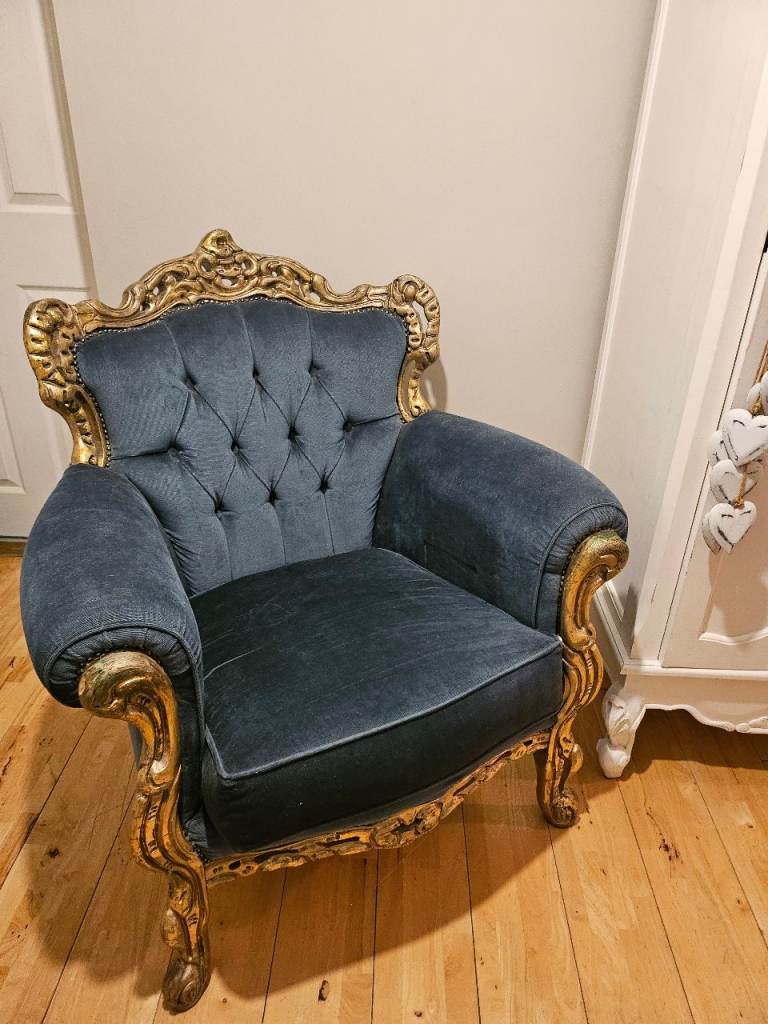 French style chair in teal colour with gold paintwork. 