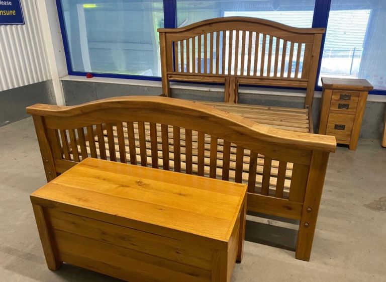 Rustic Solid Oak Super King Size Bed, Blanket Box & 1 Bedside