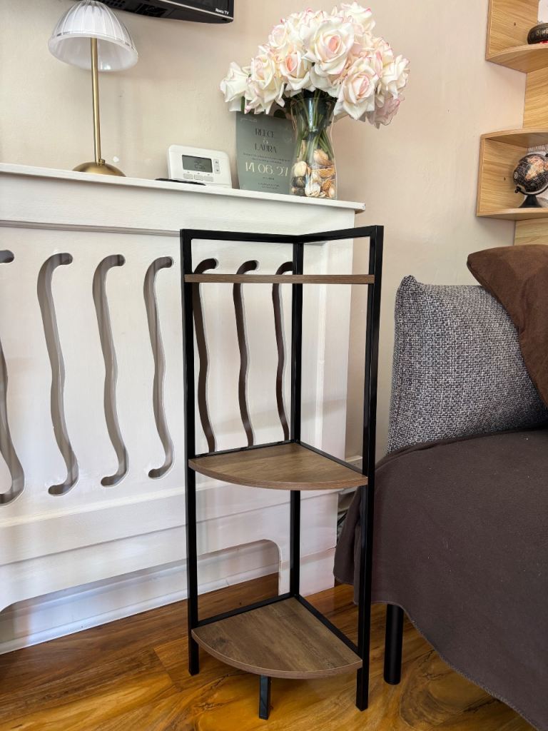 Corner Shelf Unit – Black Metal & Wood Effect