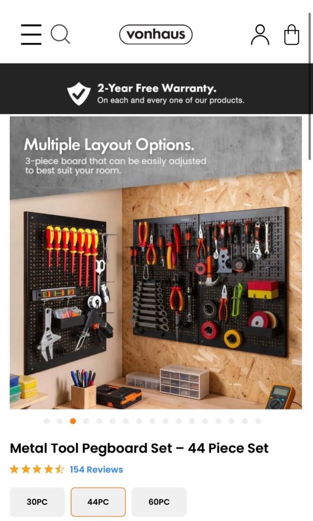 VonHaus Metal Tool Pegboard Set – 44 Piece, New