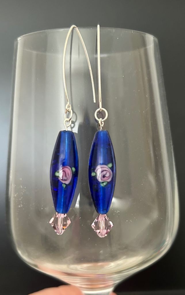 Blue glass and pink crystal beaded earrings 