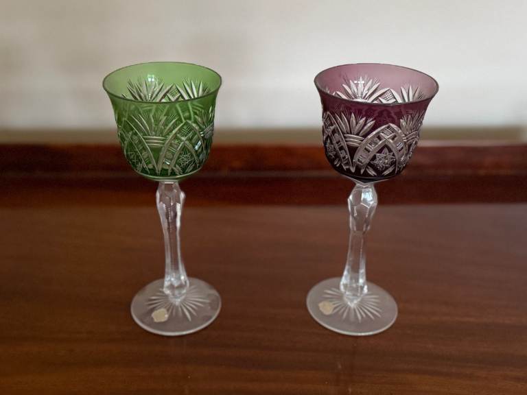 Vintage Pair of Cut-to-Clear Crystal Cordial Glasses – Emerald Green & Amethyst Purple