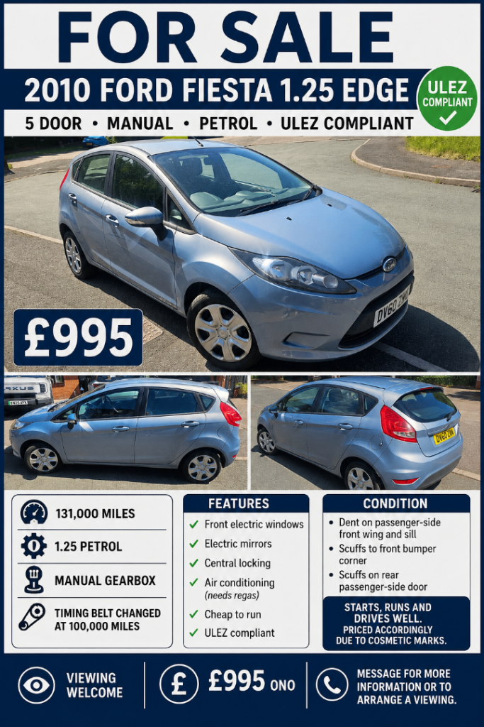 Ford, FIESTA, Hatchback, 2010, ULEZ, Manual, 1242 (cc), 5 doors
